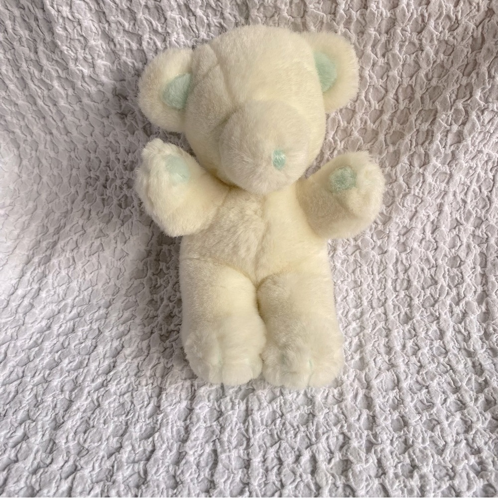 Vintage Gund baby rattle teddy bear beautiful white & baby blue stitching 1979